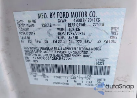 2008 Ford Escape Xlt z USA, uszkodzony, nr VIN 1FMCU03128KB67722